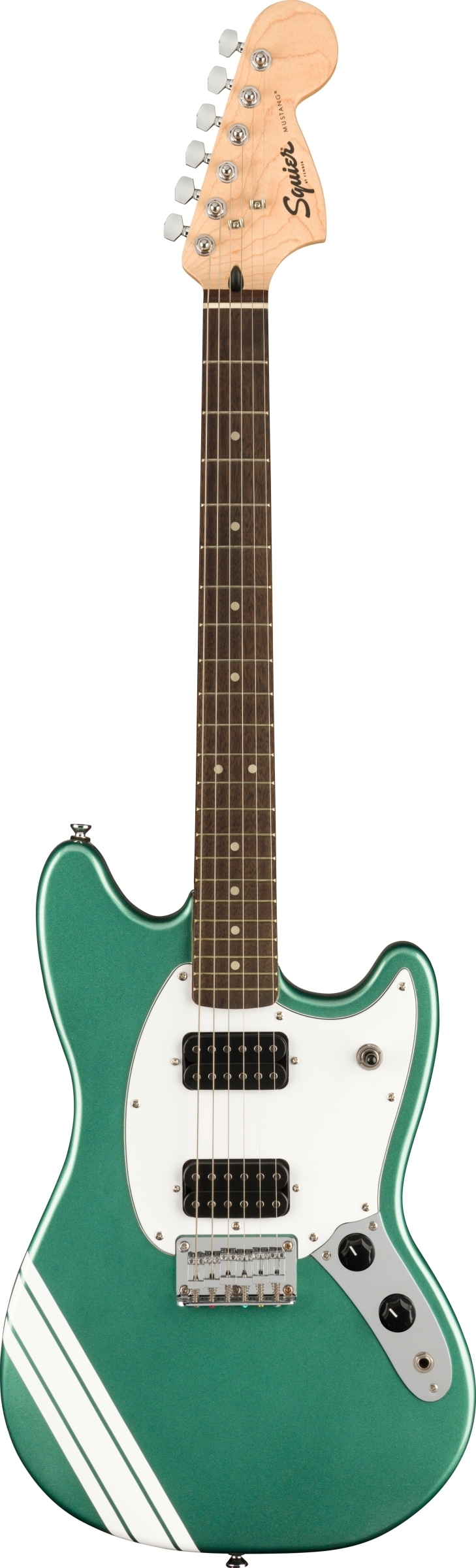 Squier FSR Bullet Competition Mustang HH Laurel Fingerboard White Pickguard  Sherwood Green with Olympic White Stripes